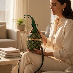 Pineapple-Inspired Quilted Handbag – Green & Gold Crossbody (New Without Tags)